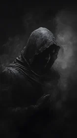 Mysterious hooded wanderer emerging from gentle swirling fog.