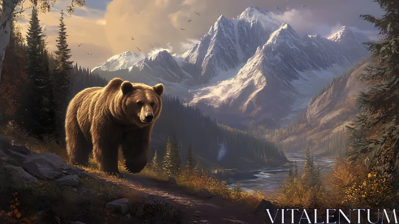 Majestic grizzly roaming beneath winter-kissed alpine giants.