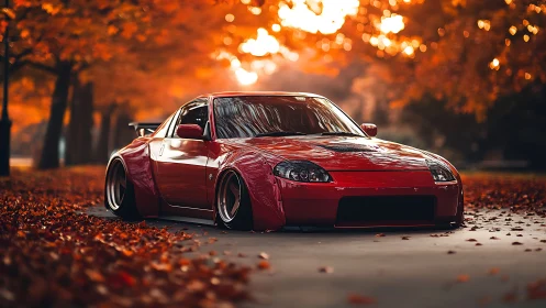 Scarlet sports car glows against golden autumn park scenery