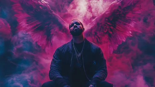 Digital portrait of winged figure in neon smoke environment.