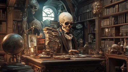 Skeleton scholar sits at cluttered desk in ornate library