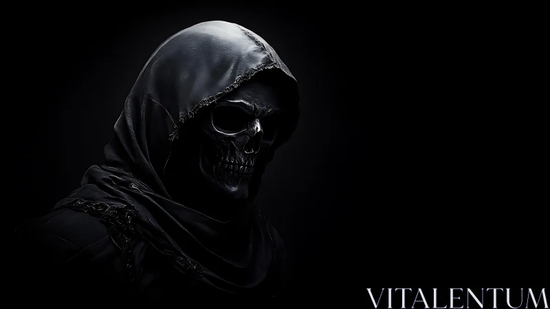 Hooded skeletal figure is rendered in low key side lighting.