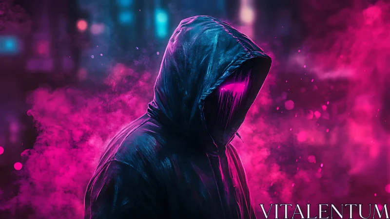 Hooded cyberpunk figure in neon pink smoke at night.
