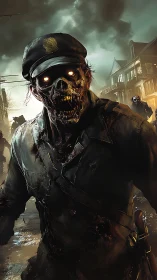 Undead police officer stalks ruined street in stormlight.