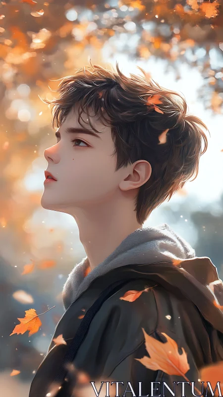 Youthful boy gazes upward in a softly glowing autumn breeze