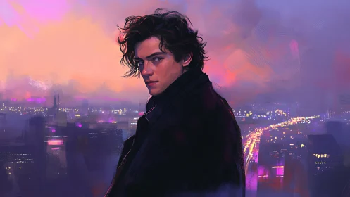 Brooding male portrait overlooks neon city at dusk in profile