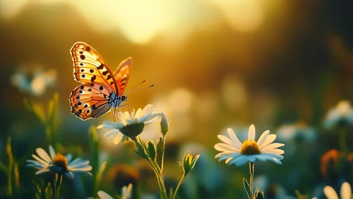 Orange butterfly on white daisy in warm sunset field.