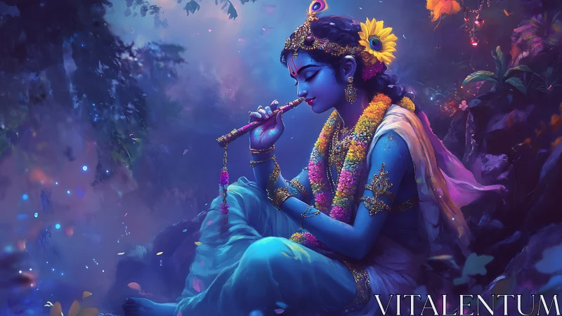 Divine blue figure playing flute in luminous forest aura.