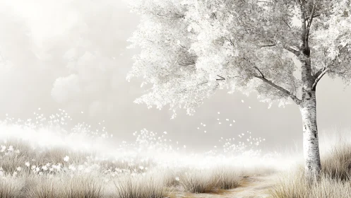 Gentle white tree glows softly above a quiet misty field