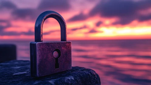 Corroded padlock in shallow focus against magenta seascape.