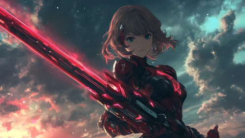 Armored anime swordswoman with luminous red plasma blade at dusk