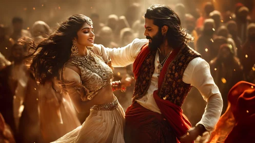 Dynamic Indian dance duet under warm cinematic backlighting glow