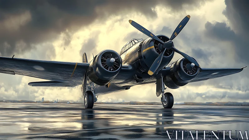 Twin engine military aircraft on wet runway under clouds.