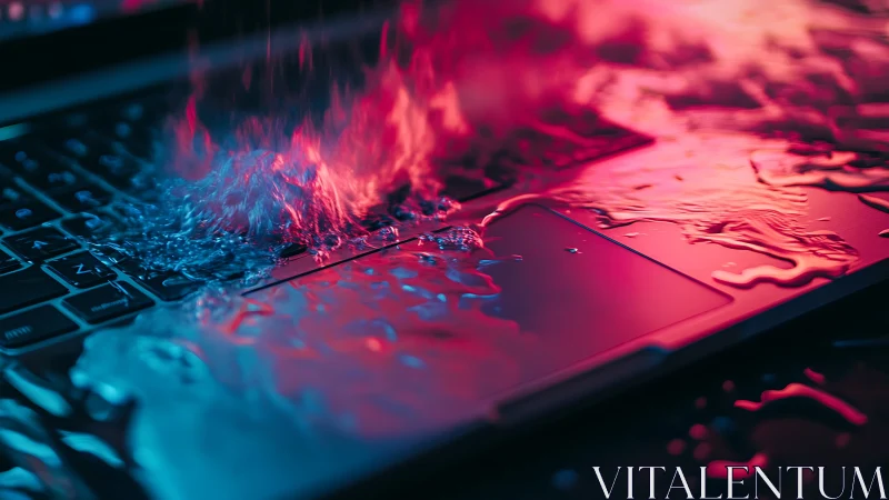 Hydrodynamic spill across backlit laptop keyboard surface.