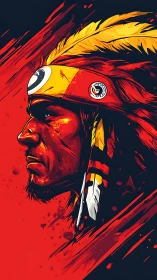 Profile illustration of stern man in feathered headdress.