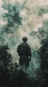 Soldier in dense smoke within obscured forest environment.