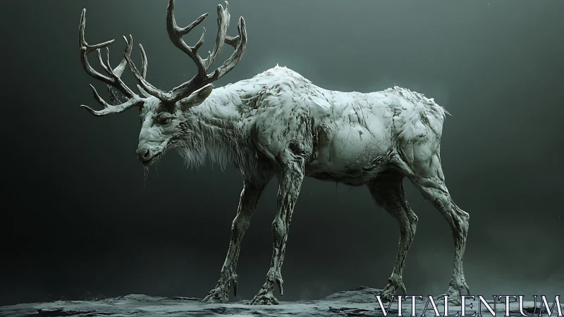 Frostbitten wendigo stag stalks a desolate frozen dream.