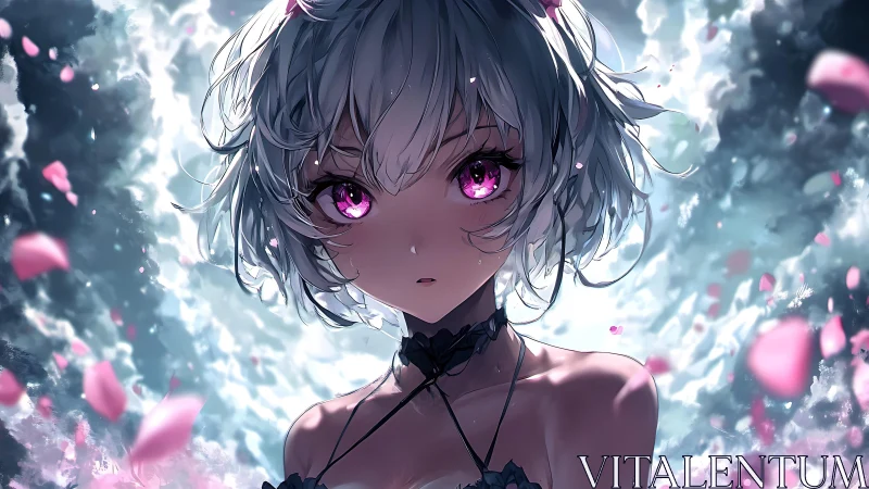 Luminous magenta-eyed anime girl amid dynamic petal vortex.