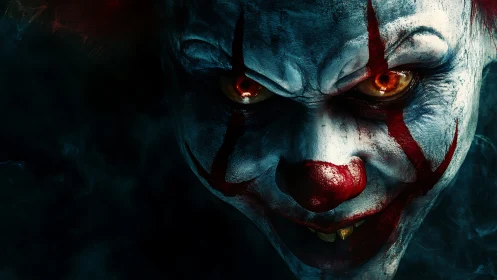 Sinister clown close-up with fiery eyes emerging from dark.