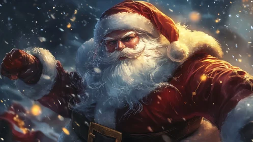 Joyful Santa soaring through a snowy Christmas night sky.