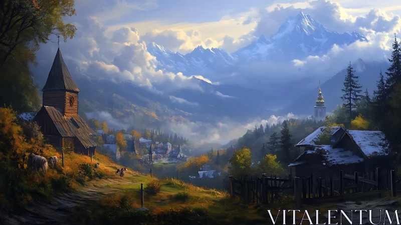 Mountain valley village with churches under dramatic clouds