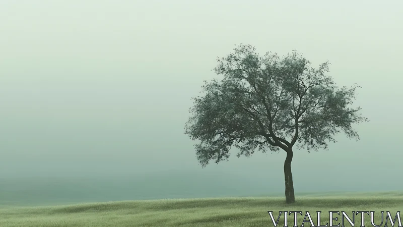 Gentle lone tree resting softly in a calm misty meadow.