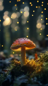 Macro forest mushroom under bokeh lights with shallow depth of field