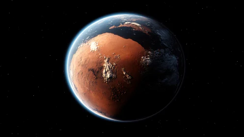 Terraforming-stage Mars rendered with atmospheric scattering and clouds