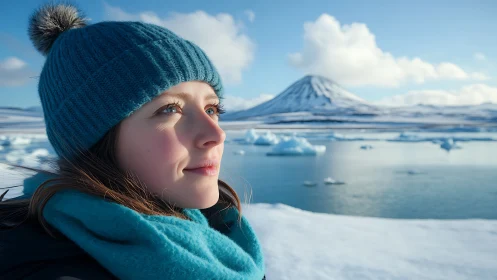 Portrait in polar landscape with snowcapped cone mountain and lake