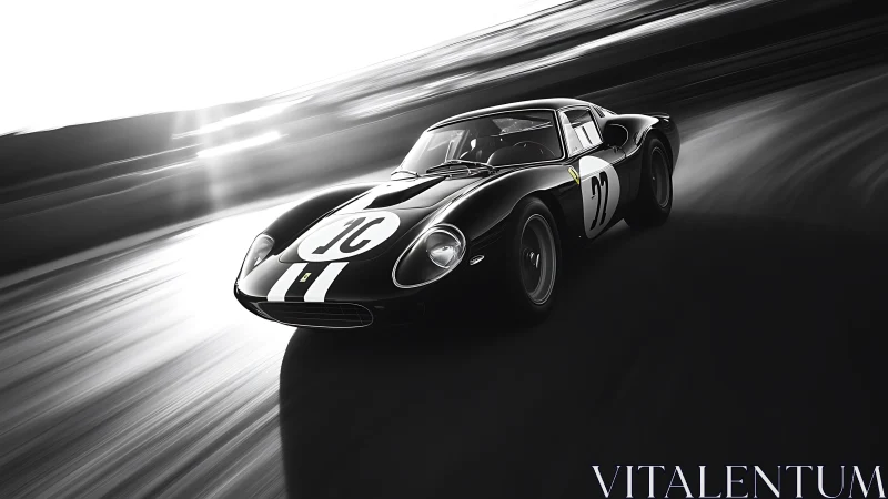 Classic race car surges through light with timeless energy