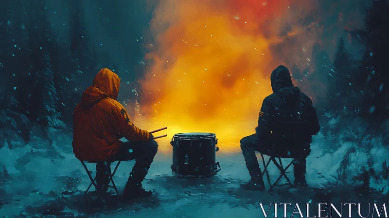 Hooded drummers facing fire in cinematic winter forest.