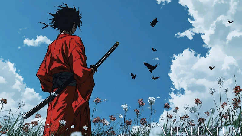 Scarlet ronin under skyborne crows and wildflower hush.