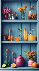 Sunlit blue pantry of citrus potions and flower-bright calm.