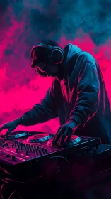 DJ mixing music on neon lit turntables in dense smoke.