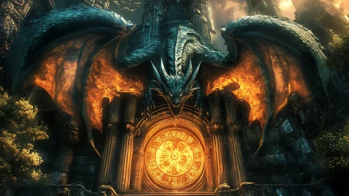 Ancient dragon guards a blazing arcane gate in ruined citadel