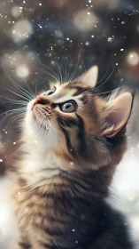 Kitten Gazing Skyward Through Snowflakes and Bokeh Light.