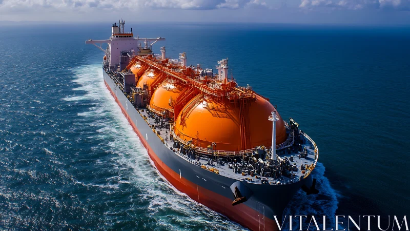 Massive LNG carrier cuts through deep blue open ocean waters