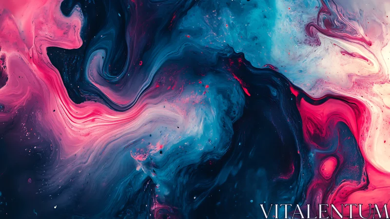 Vibrant pink and blue liquid paint forms swirling abstract field