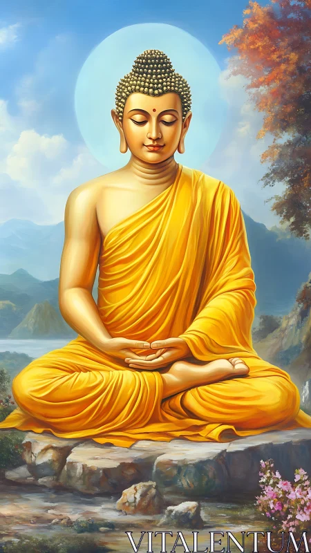 Serene Buddha meditation portrait in golden robes outdoors.