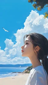 Side-profile study of coastal girl under cumulus-rich blue sky