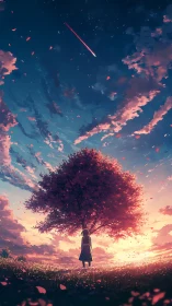 Girl under blossom tree watching radiant meteor sunset.