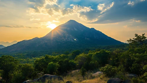 Backlit mountain ridge with radiant sunset and forest foreground.