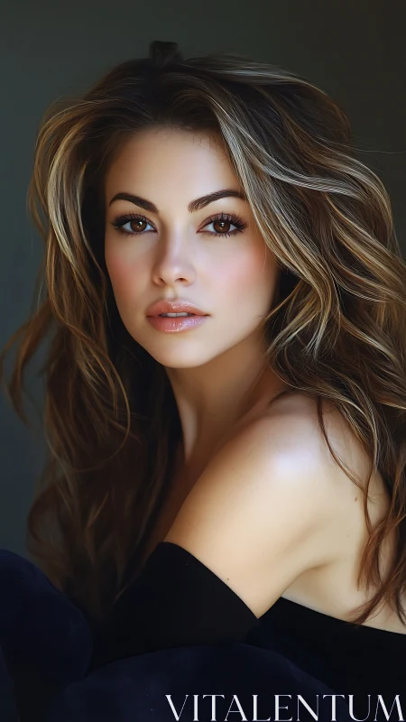 Velvet-lit muse with windswept hair and luminous gaze poised.