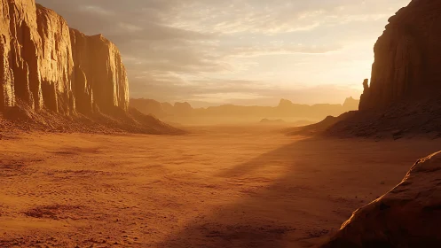 Sunlit desert canyon renders layered sandstone in warm haze