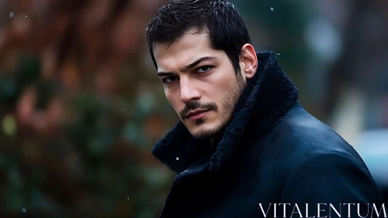 Brooding winter stranger in a navy coat of quiet storms.