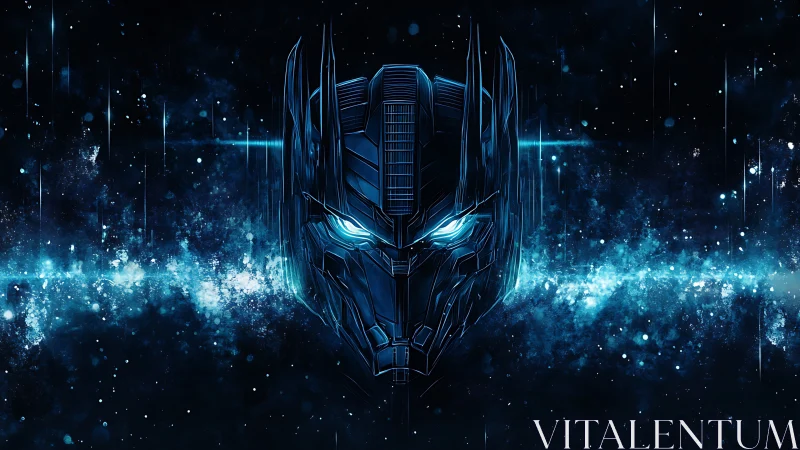 Galactic mech helm ignites the void with neon blue fury.