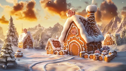 Sugared gingerbread village basking in storybook winterlight.