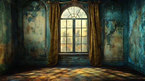 Sunlit arched window illuminates decayed teal chamber.