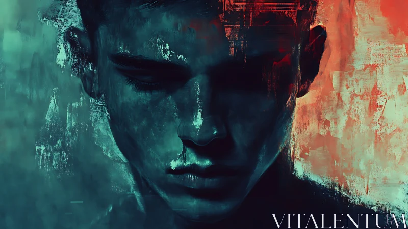 Brooding male portrait split by teal and fiery light.