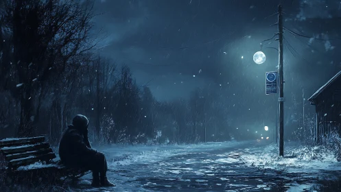 Lonely figure on snowy roadside bench under cold moonlight.
